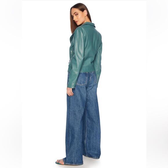 susan monaco teal green faux leather classic moto jacket coat size small NEW - Picture 7 of 8